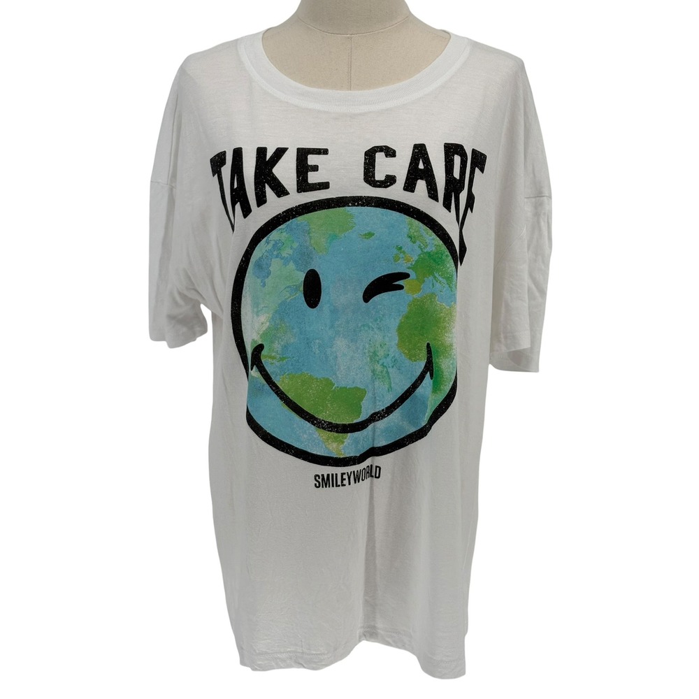 SmileyWorld T-Shirt White Take Care Winking Earth Graphic L